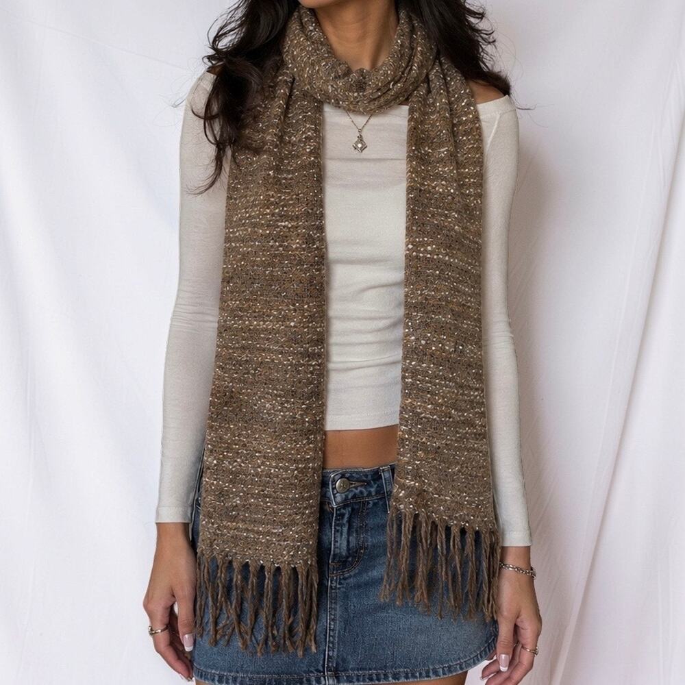 Vintage 90s Clubfellow Made in Italy Brown Tweed Knit Cotton Blend Fringe Scarf